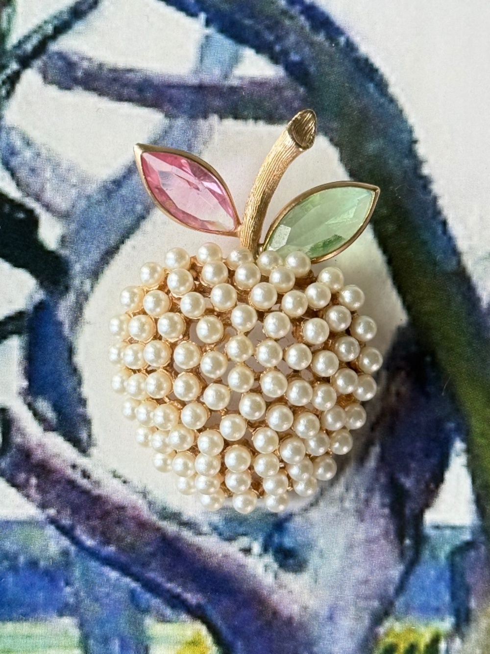 VINTAGE BSK Ivory Faux Pearl Apple Brooch Rhinestone Leaves MCM